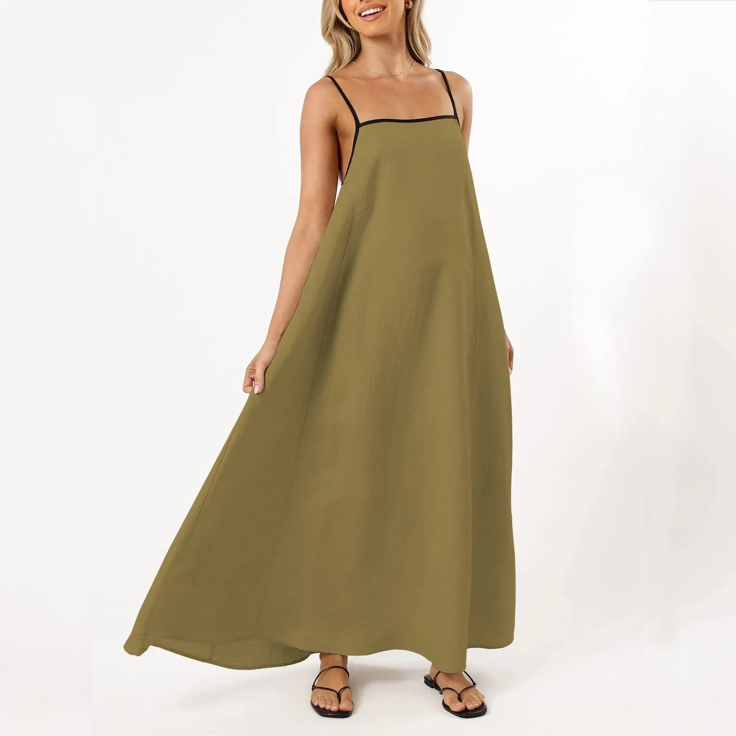 Senllen Women's Linen Dress Summer Loose Flowy Sundress Contrast Spaghetti Strap Sleeveless Backless Beach Maxi Long Dresses