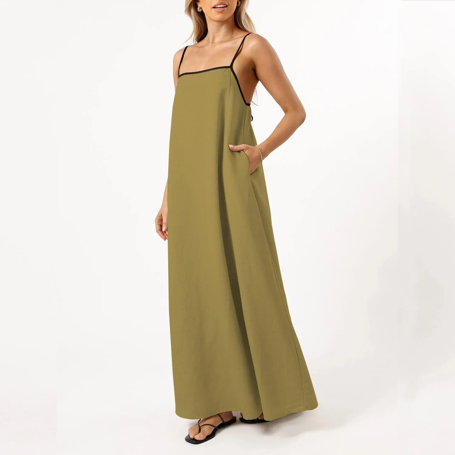 Senllen Women's Linen Dress Summer Loose Flowy Sundress Contrast Spaghetti Strap Sleeveless Backless Beach Maxi Long Dresses