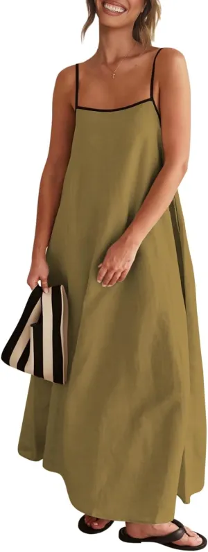 Senllen Women's Linen Dress Summer Loose Flowy Sundress Contrast Spaghetti Strap Sleeveless Backless Beach Maxi Long Dresses