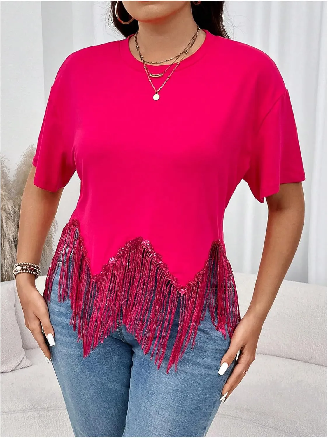 SHENHE Women's Plus Size Fringe Top Sequin Tassel Western Top Short Sleeve Cropped Going Out Tshirt