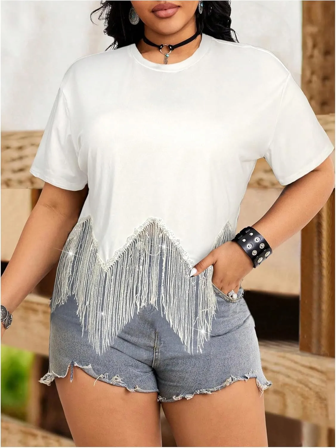 SHENHE Women's Plus Size Fringe Top Sequin Tassel Western Top Short Sleeve Cropped Going Out Tshirt