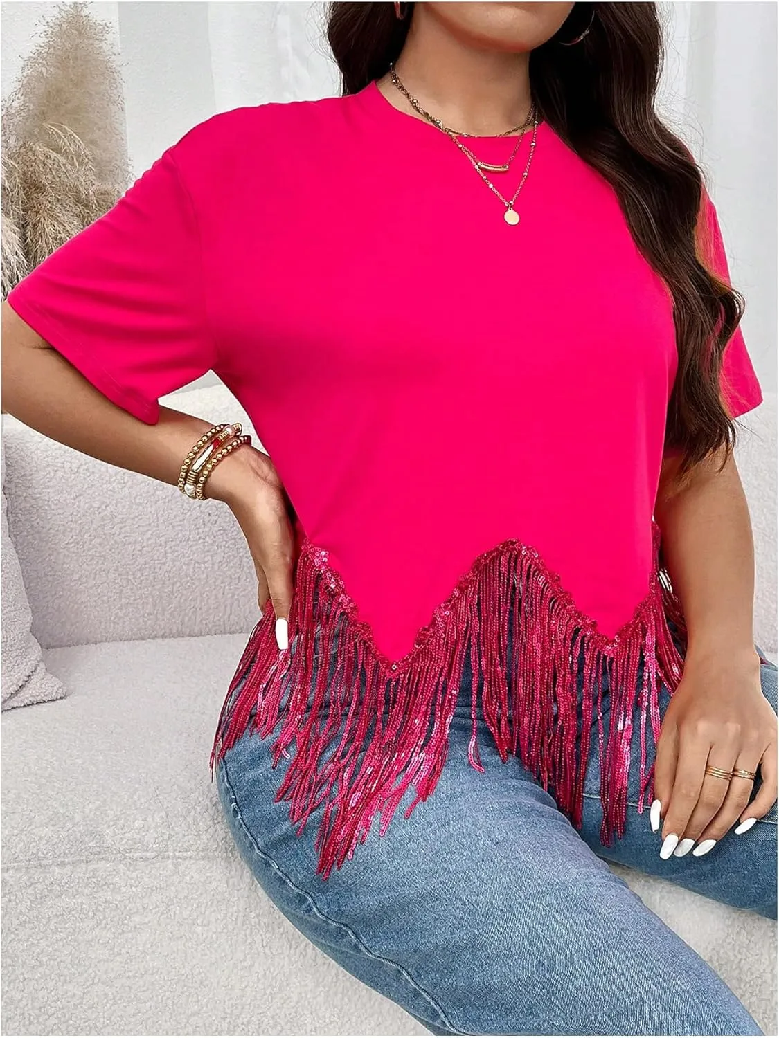 SHENHE Women's Plus Size Fringe Top Sequin Tassel Western Top Short Sleeve Cropped Going Out Tshirt