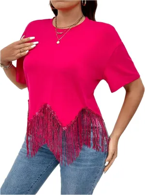 SHENHE Women's Plus Size Fringe Top Sequin Tassel Western Top Short Sleeve Cropped Going Out Tshirt