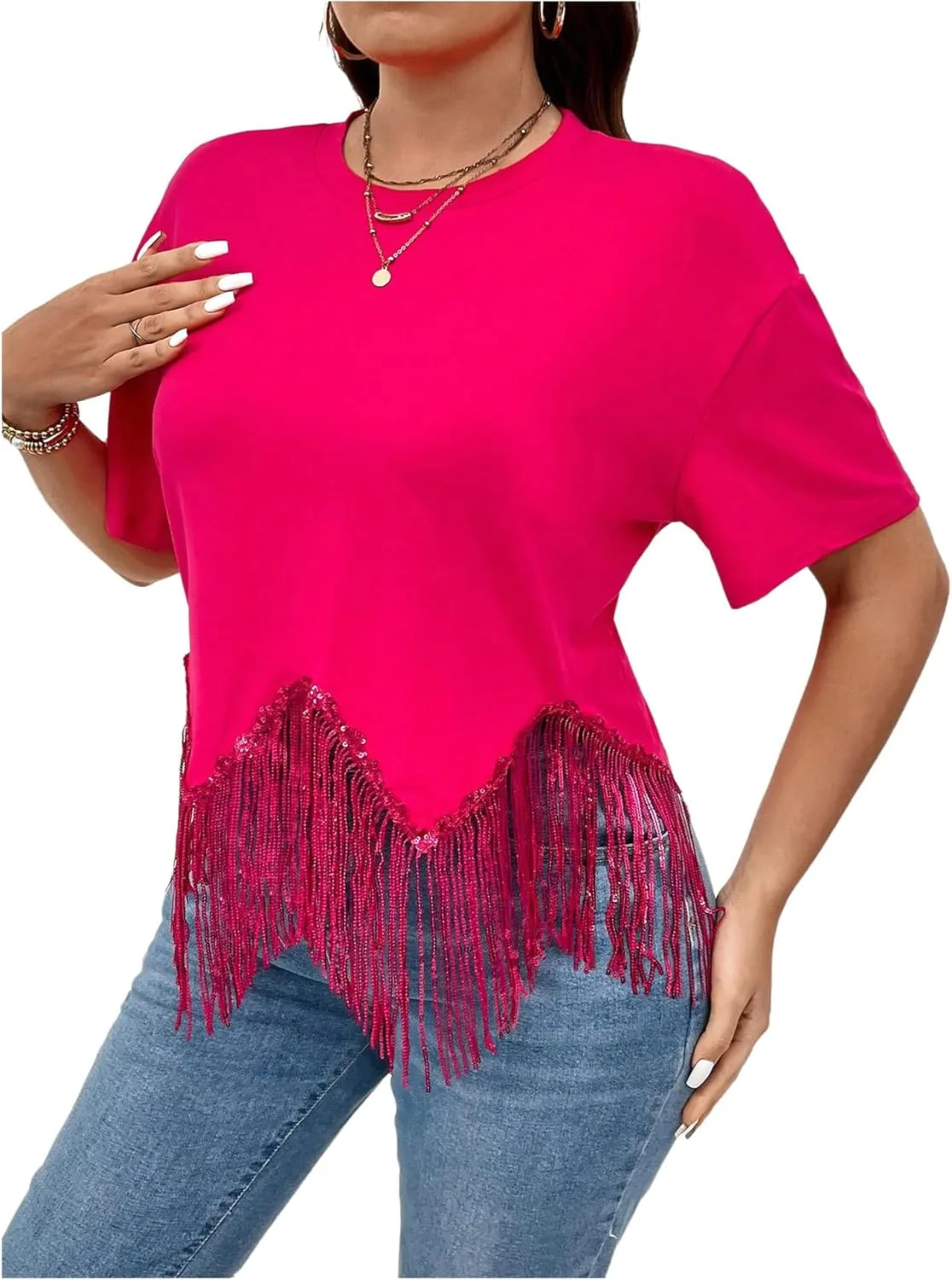 SHENHE Women's Plus Size Fringe Top Sequin Tassel Western Top Short Sleeve Cropped Going Out Tshirt