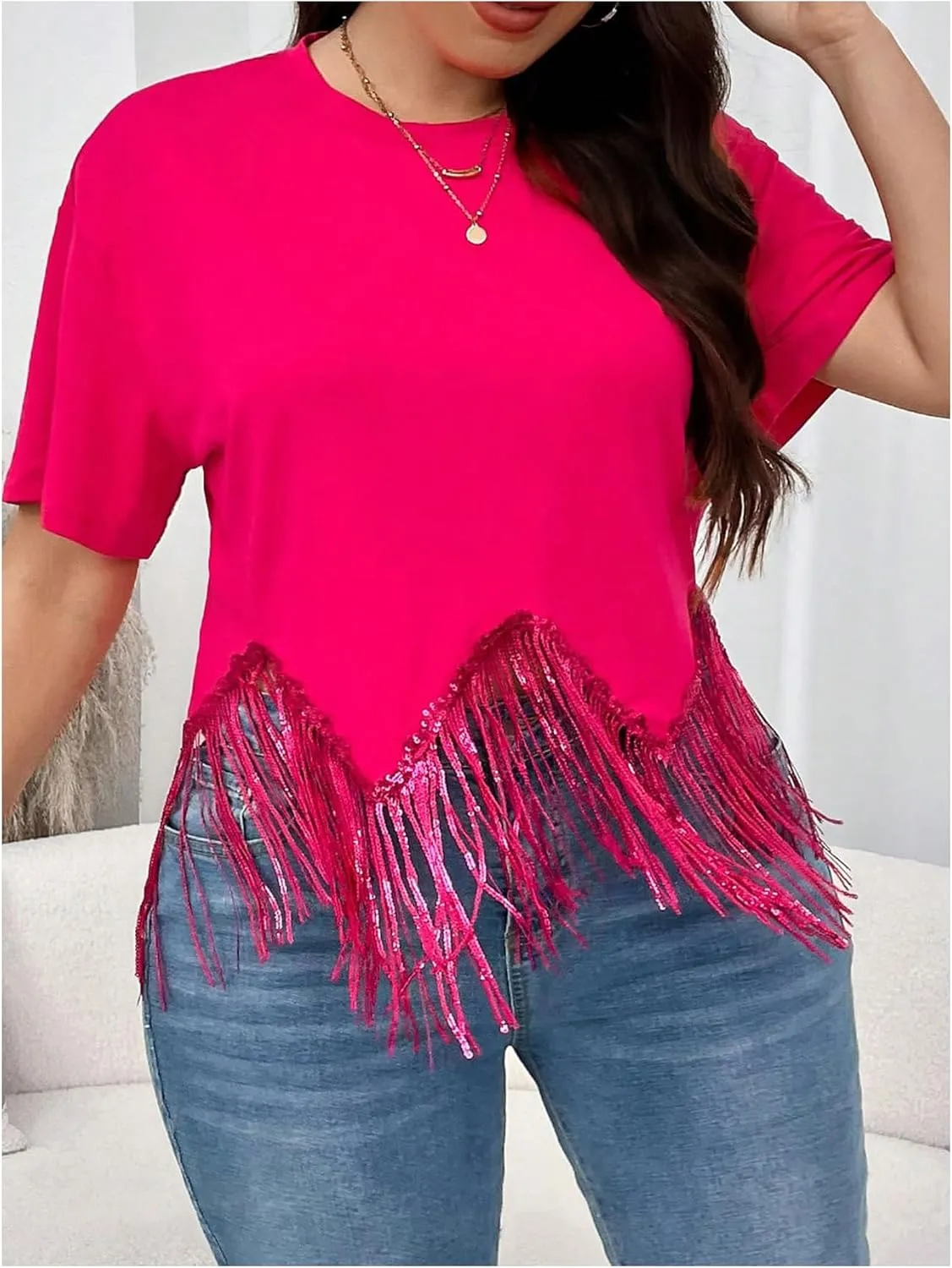 SHENHE Women's Plus Size Fringe Top Sequin Tassel Western Top Short Sleeve Cropped Going Out Tshirt