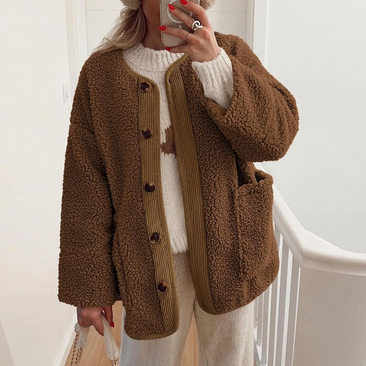 Sherpa Jacket Women Fuzzy Open Front Button Up Cardigans Oversized Fleece Jacket Warm Winter Coats with Pocket Outwear