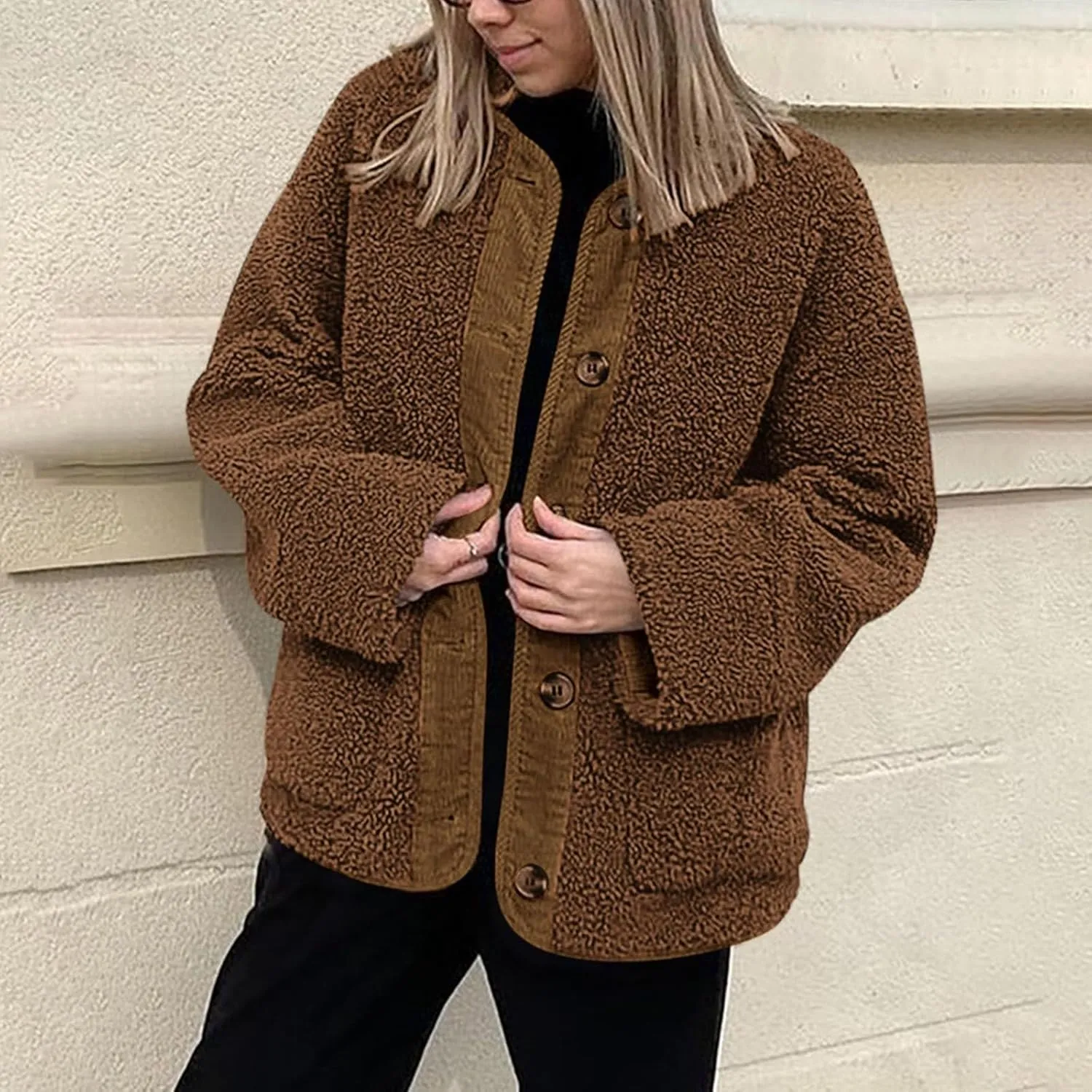 Sherpa Jacket Women Fuzzy Open Front Button Up Cardigans Oversized Fleece Jacket Warm Winter Coats with Pocket Outwear