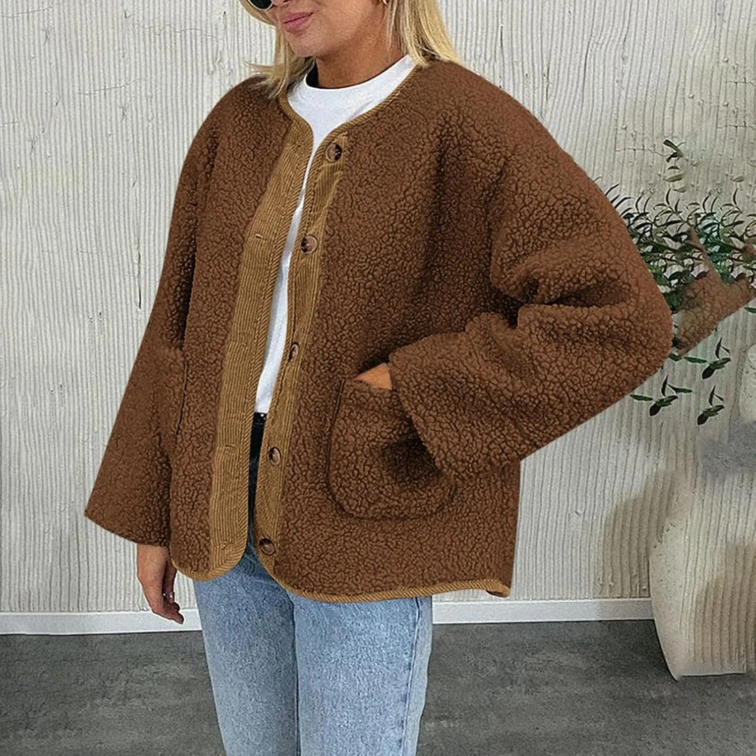 Sherpa Jacket Women Fuzzy Open Front Button Up Cardigans Oversized Fleece Jacket Warm Winter Coats with Pocket Outwear