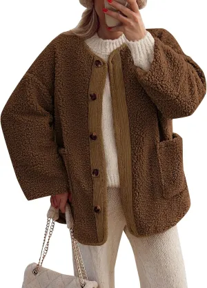 Sherpa Jacket Women Fuzzy Open Front Button Up Cardigans Oversized Fleece Jacket Warm Winter Coats with Pocket Outwear