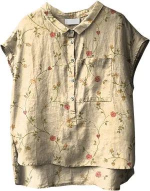 Shirts for Women Ethnic Style Blouses Casual Flowy Shirt Sleeveless Floral Printed Tops Vintage Sardines Art Tunics