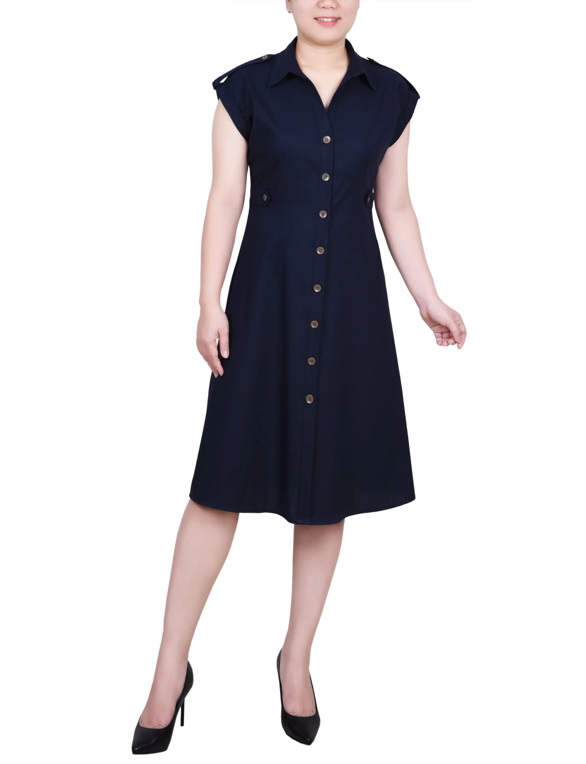 Short Sleeve Button Front Linen Dress