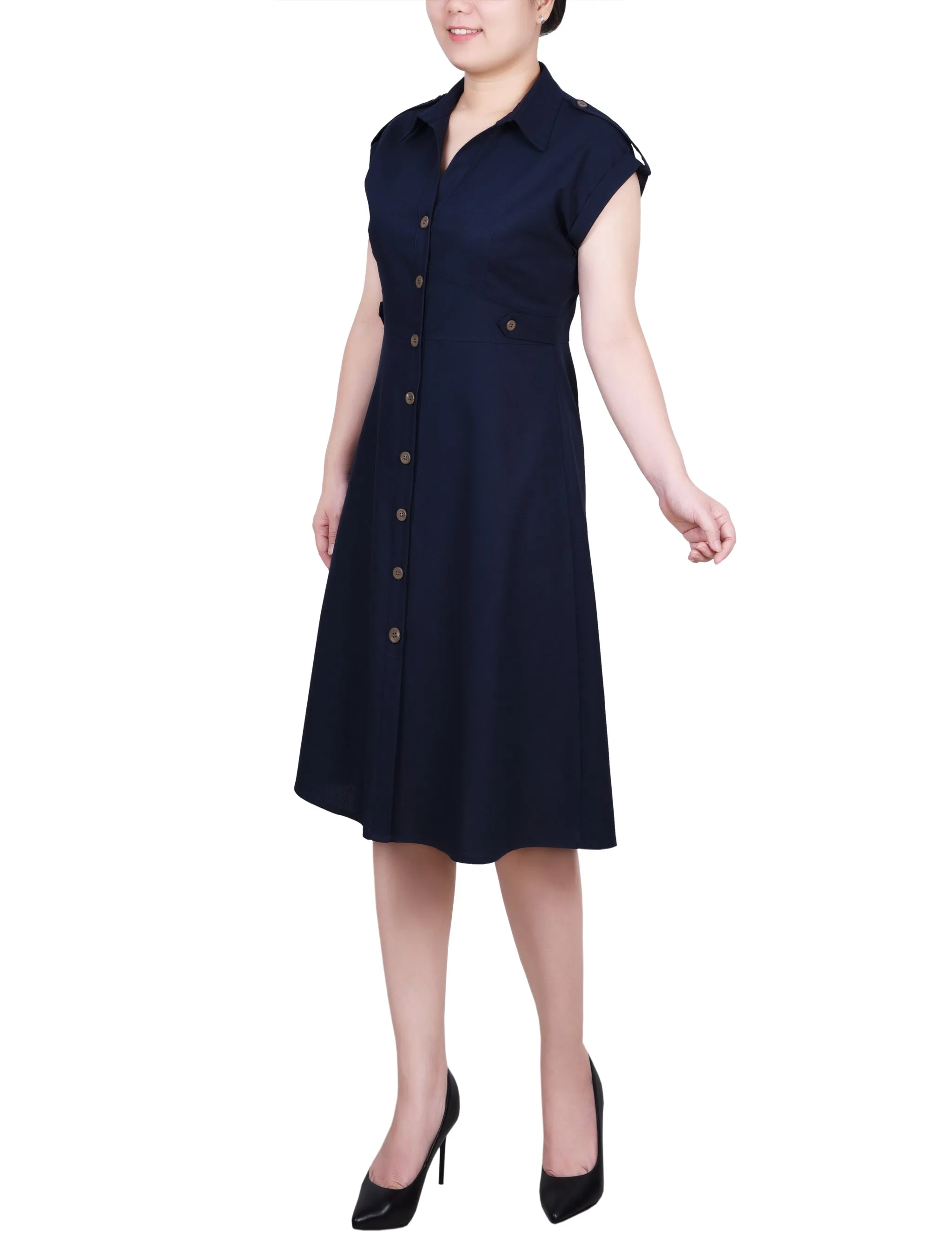 Short Sleeve Button Front Linen Dress