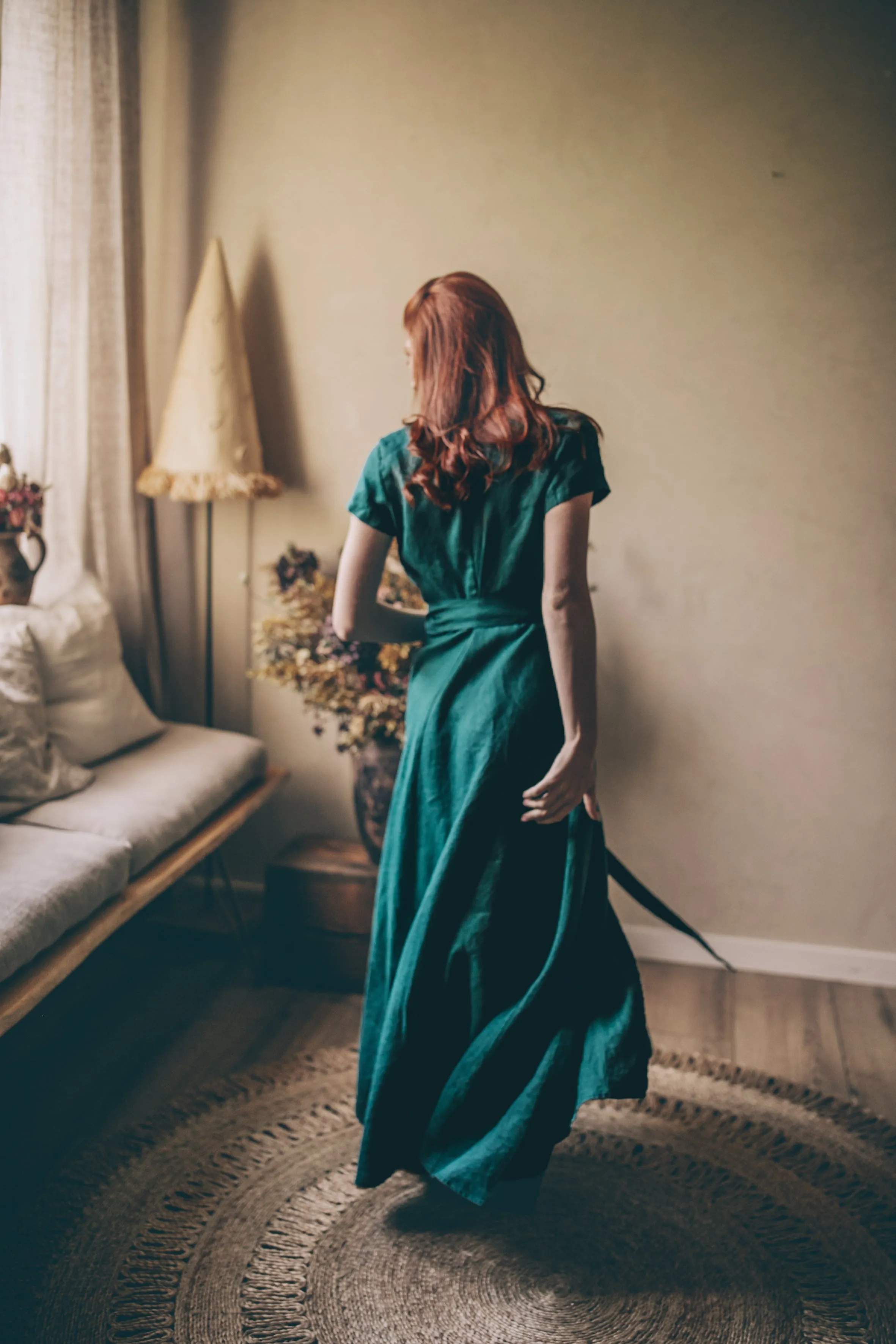 Short Sleeve Linen Maxi Dress with Tie Waist