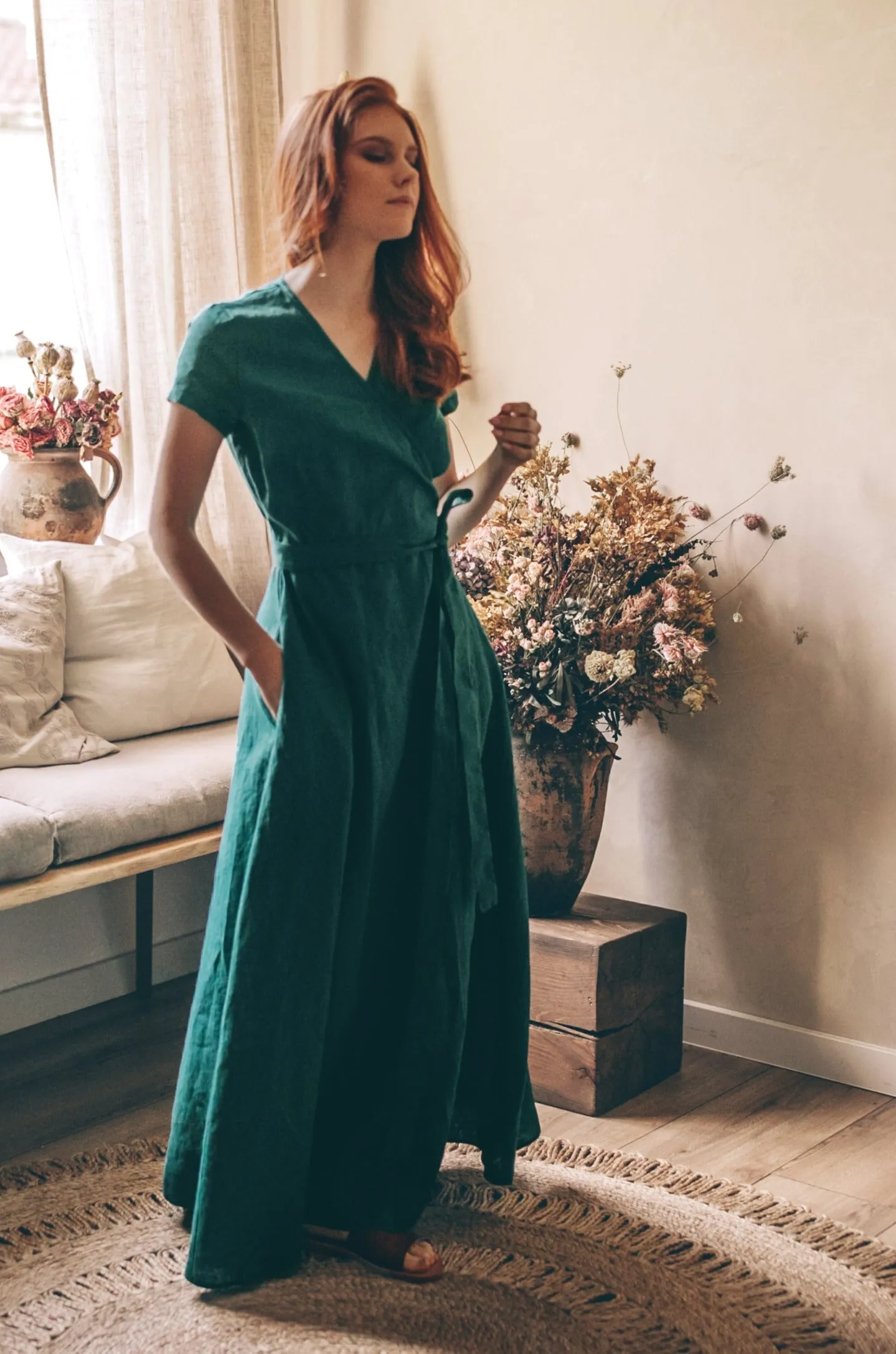 Short Sleeve Linen Maxi Dress with Tie Waist