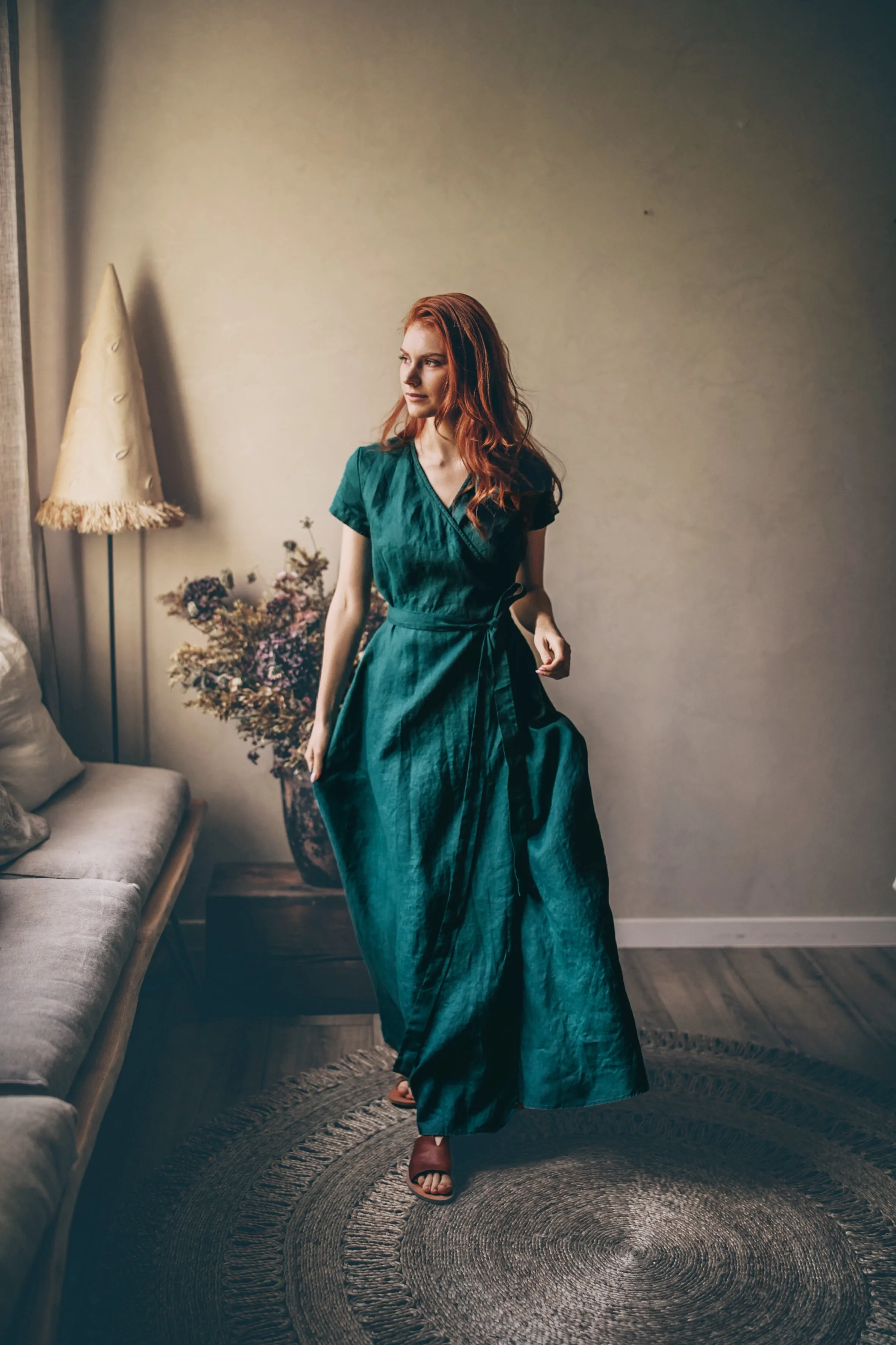 Short Sleeve Linen Maxi Dress with Tie Waist