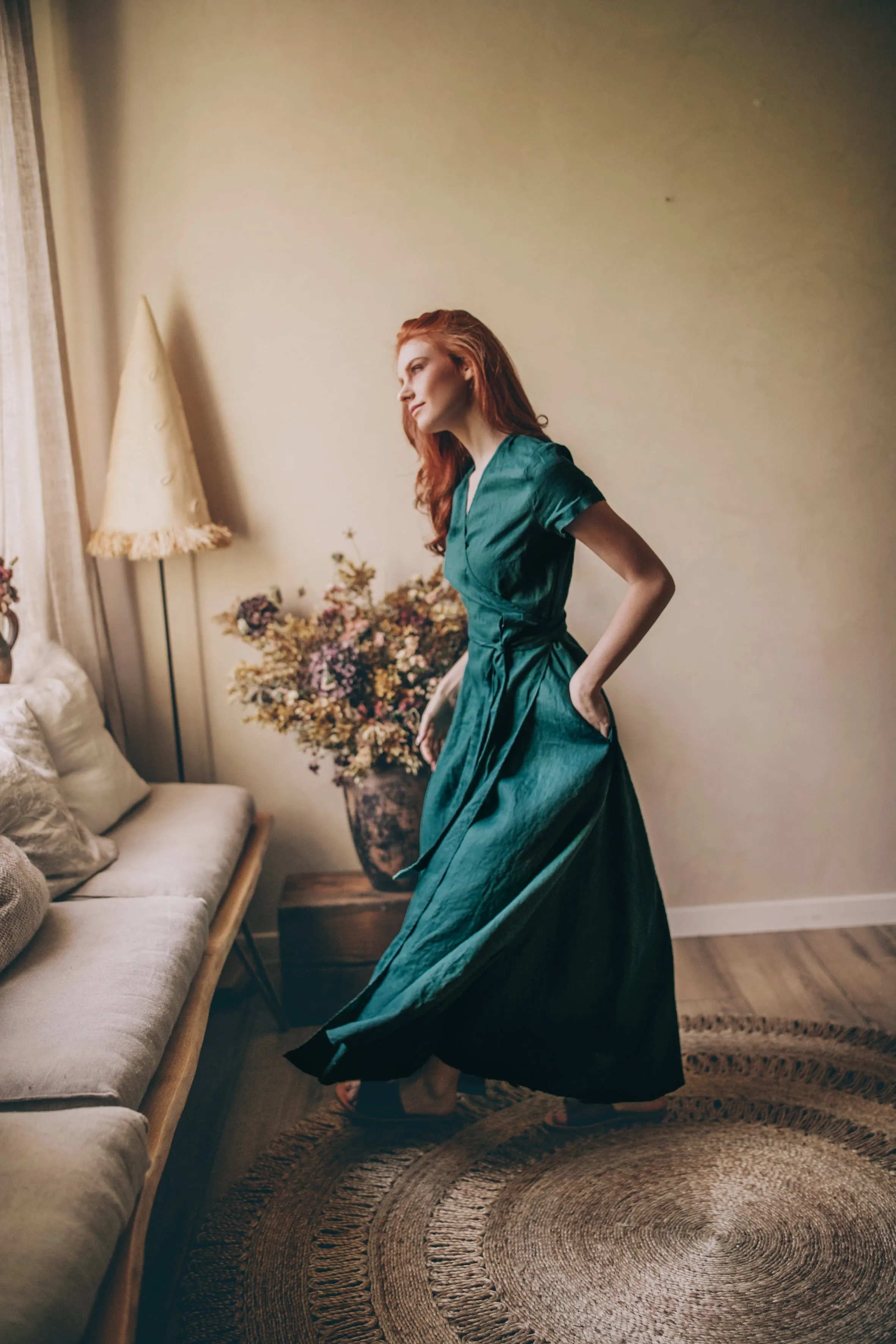 Short Sleeve Linen Maxi Dress with Tie Waist