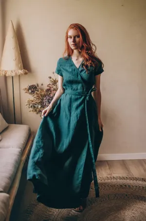 Short Sleeve Linen Maxi Dress with Tie Waist
