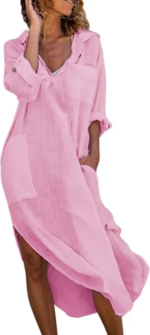 SOMTHRON Women's Casual Loose Cotton Linen Long Shirt Dress Button Down Cuffed Sleeve Side Split Maxi Shift Dress