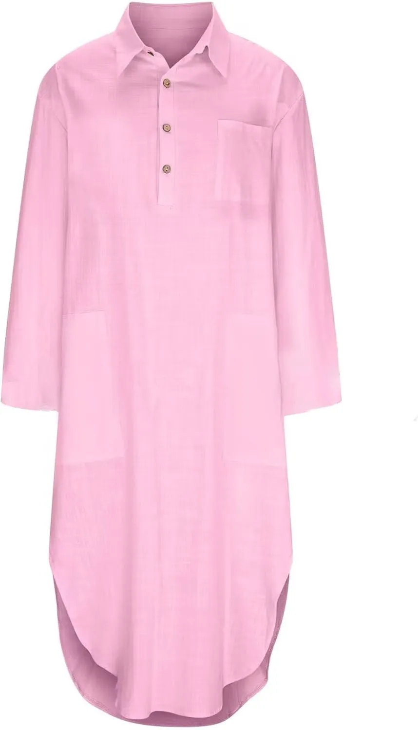 SOMTHRON Women's Casual Loose Cotton Linen Long Shirt Dress Button Down Cuffed Sleeve Side Split Maxi Shift Dress