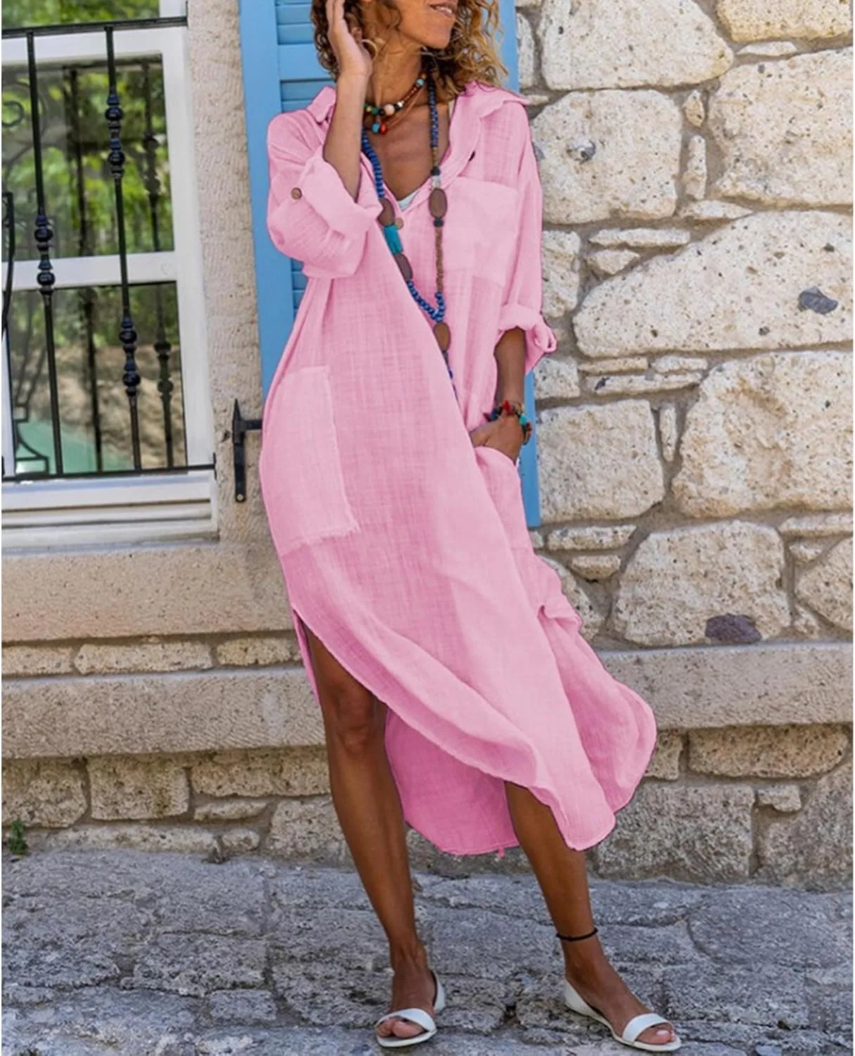 SOMTHRON Women's Casual Loose Cotton Linen Long Shirt Dress Button Down Cuffed Sleeve Side Split Maxi Shift Dress