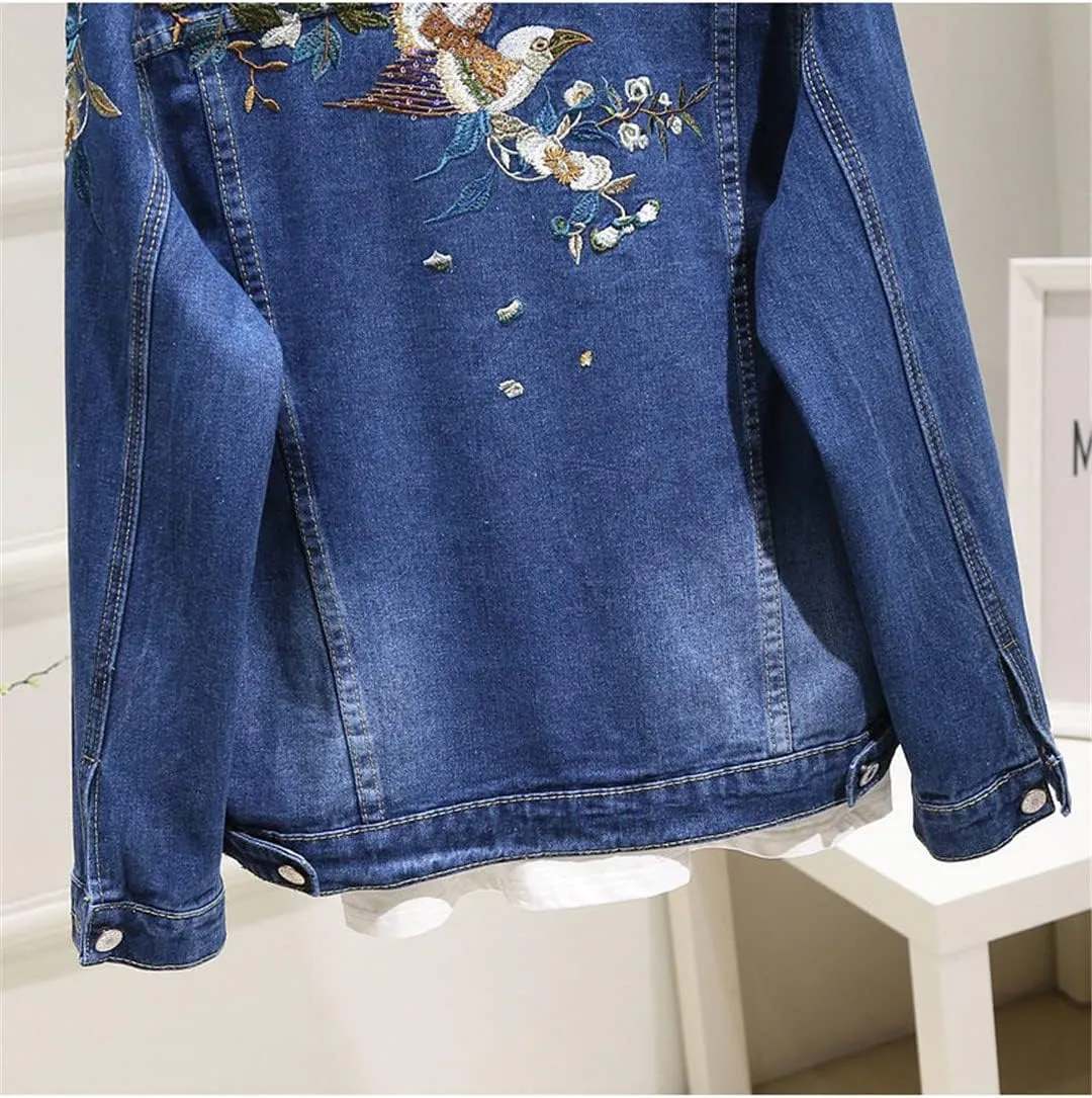 Spring Denim Jacket Women Outerwear Embroidery Floral Vintage Jeans Coat Short Cowboy Jackets