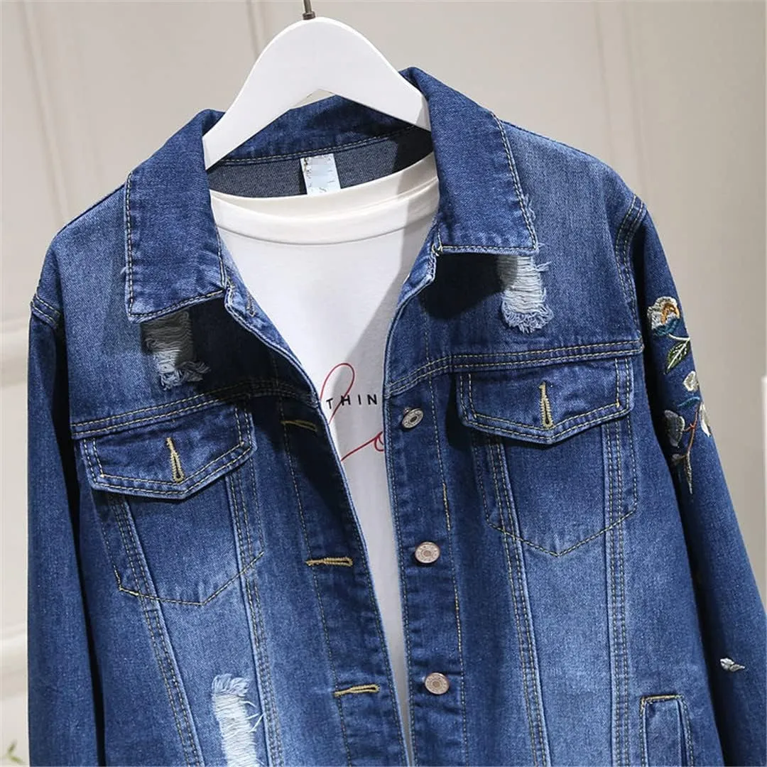 Spring Denim Jacket Women Outerwear Embroidery Floral Vintage Jeans Coat Short Cowboy Jackets
