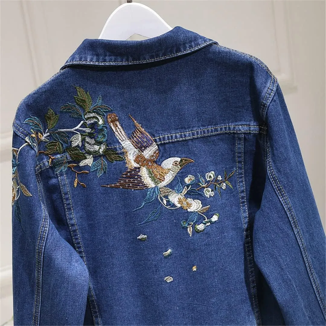 Spring Denim Jacket Women Outerwear Embroidery Floral Vintage Jeans Coat Short Cowboy Jackets