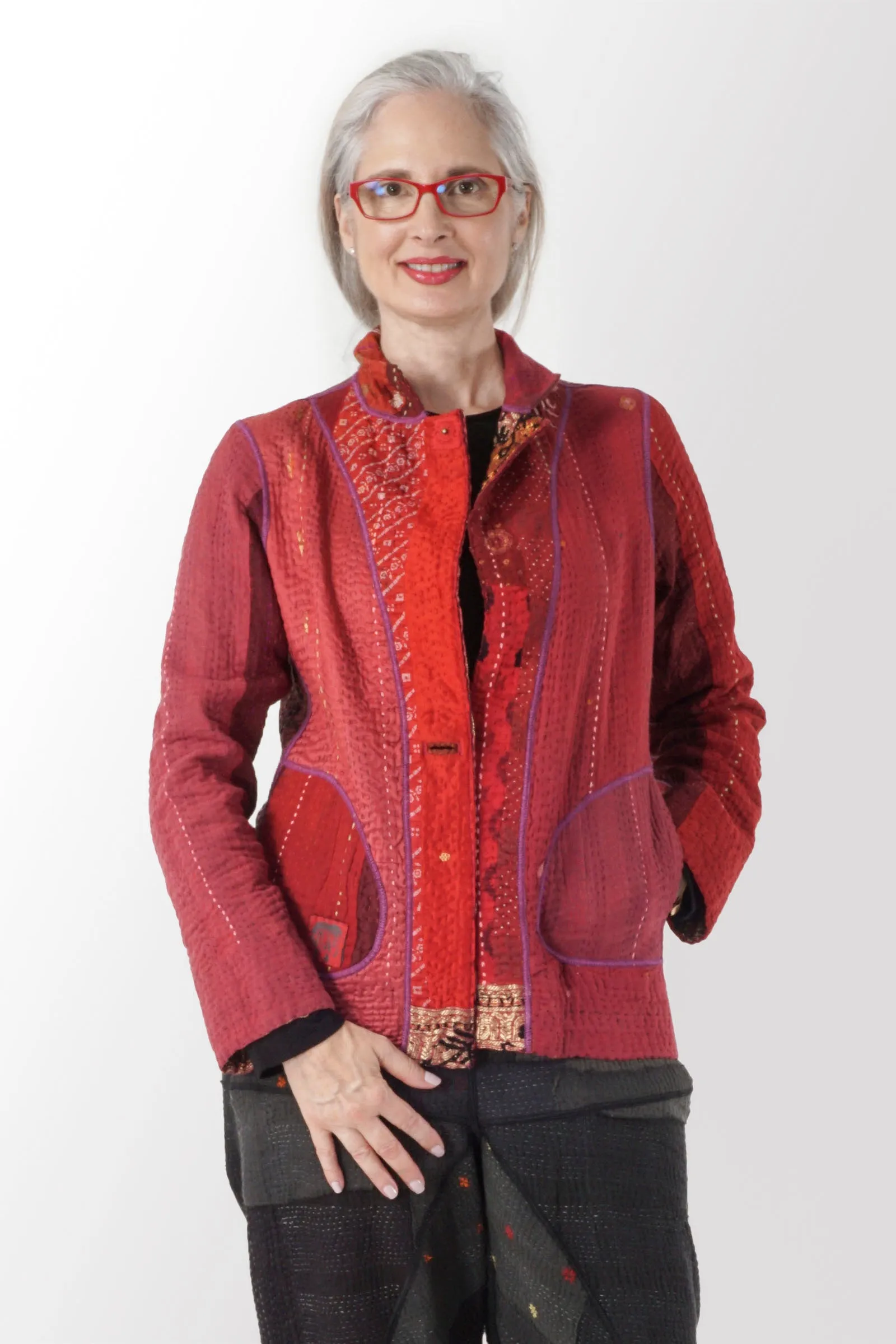 STRIPE RALLIS KANTHA SIMPLE JKT - pr4022-red -