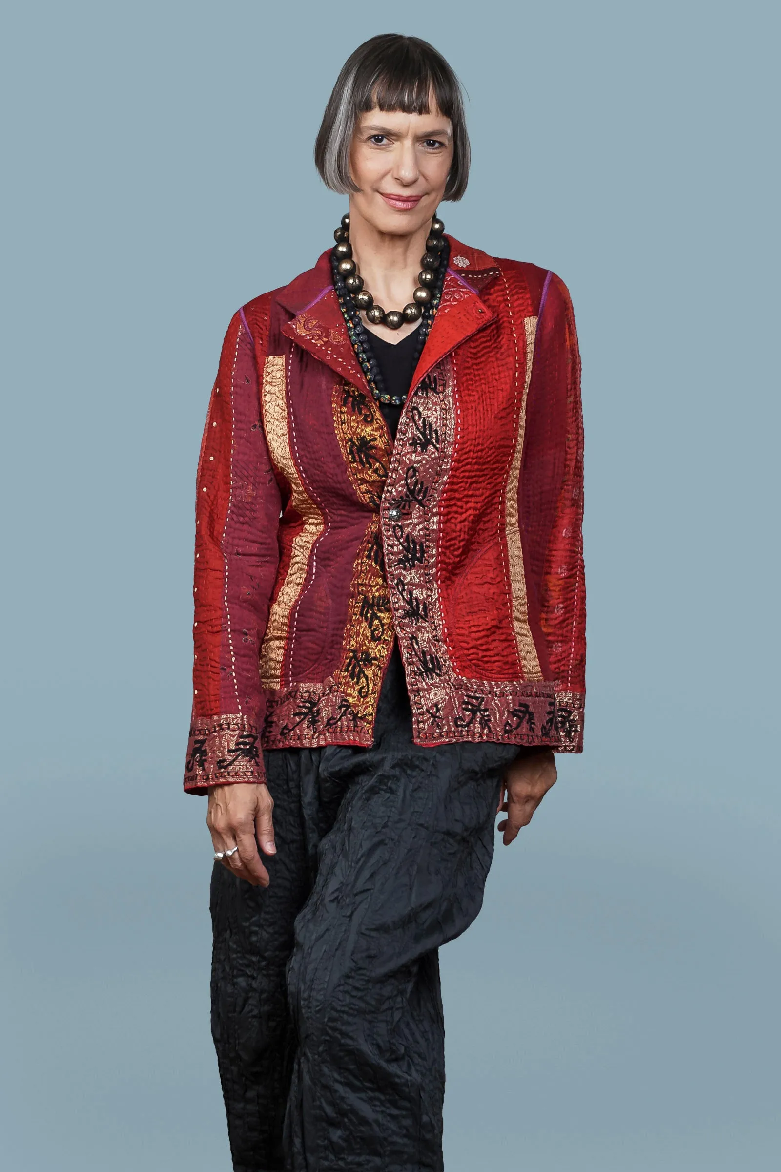 STRIPE RALLIS KANTHA SIMPLE JKT - pr4022-red -