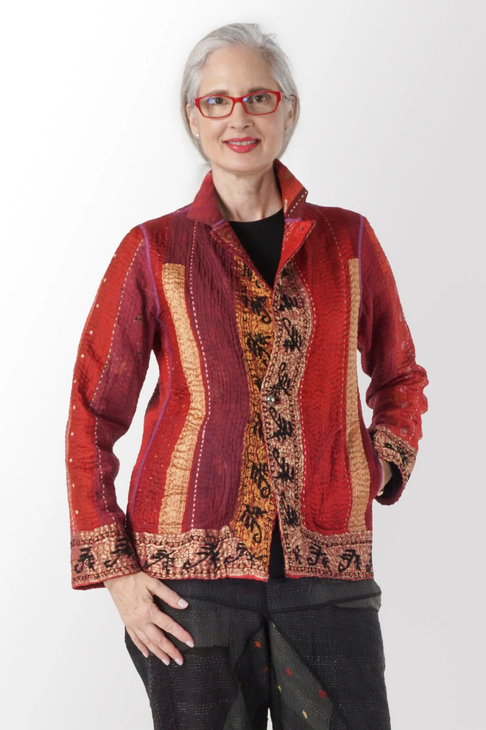 STRIPE RALLIS KANTHA SIMPLE JKT - pr4022-red -