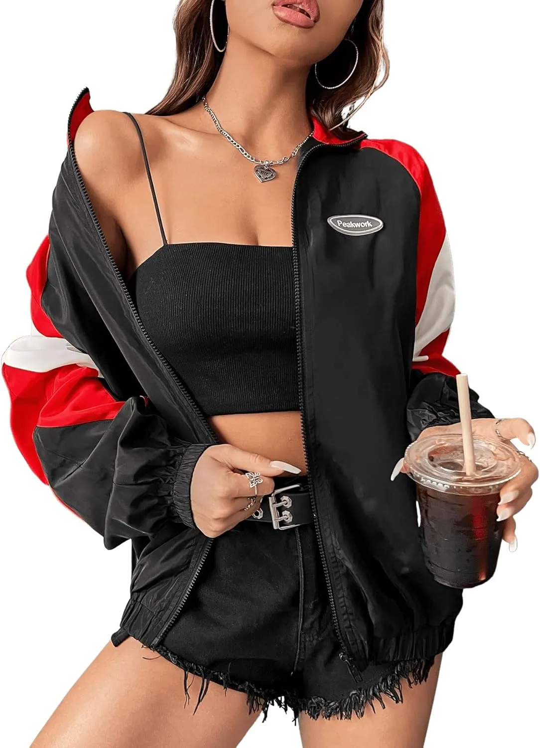 SweatyRocks Women's Zip Up Color Block Lightweight Jacket Patchwork Sport Windbreaker Jacket Coat Outerwear