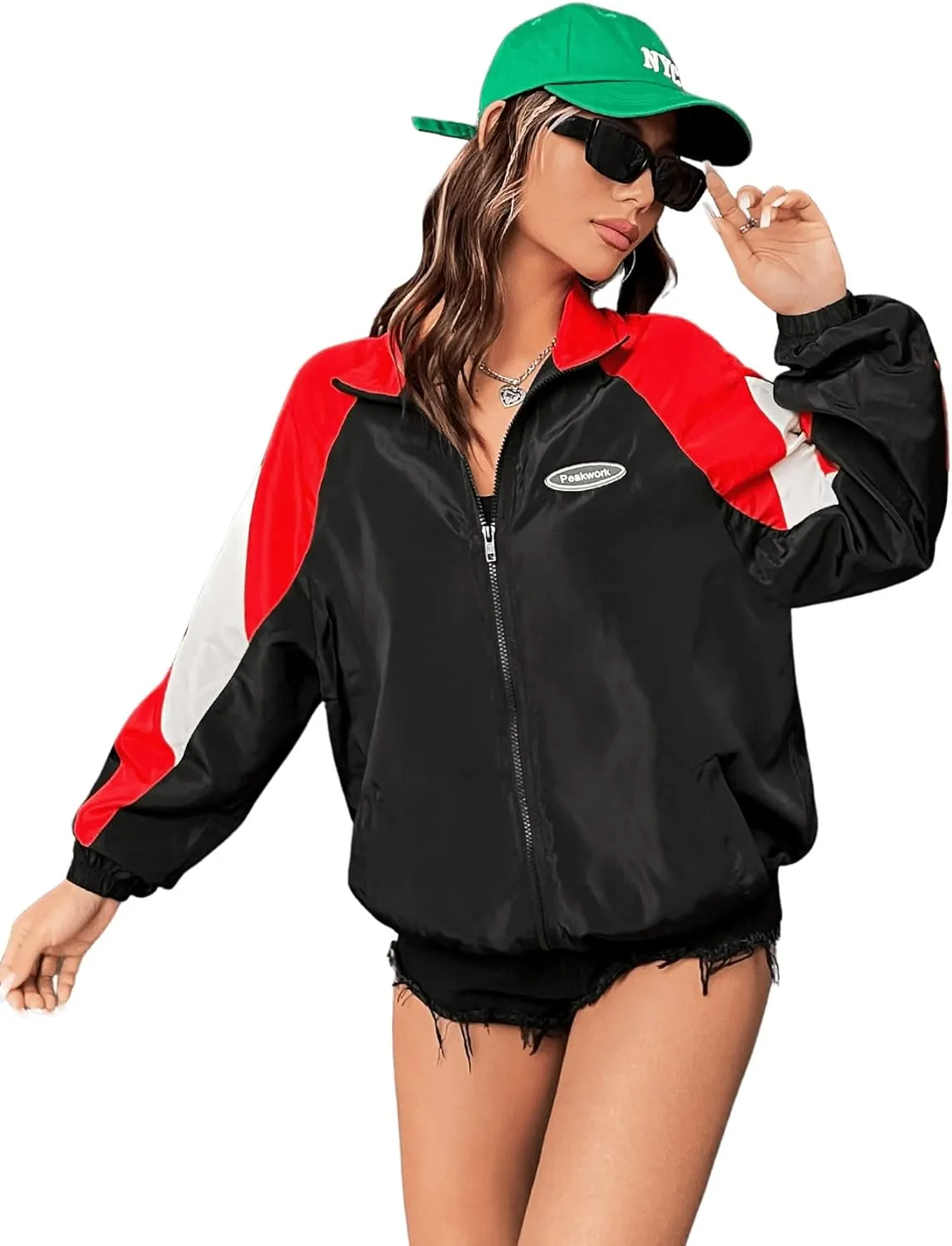 SweatyRocks Women's Zip Up Color Block Lightweight Jacket Patchwork Sport Windbreaker Jacket Coat Outerwear