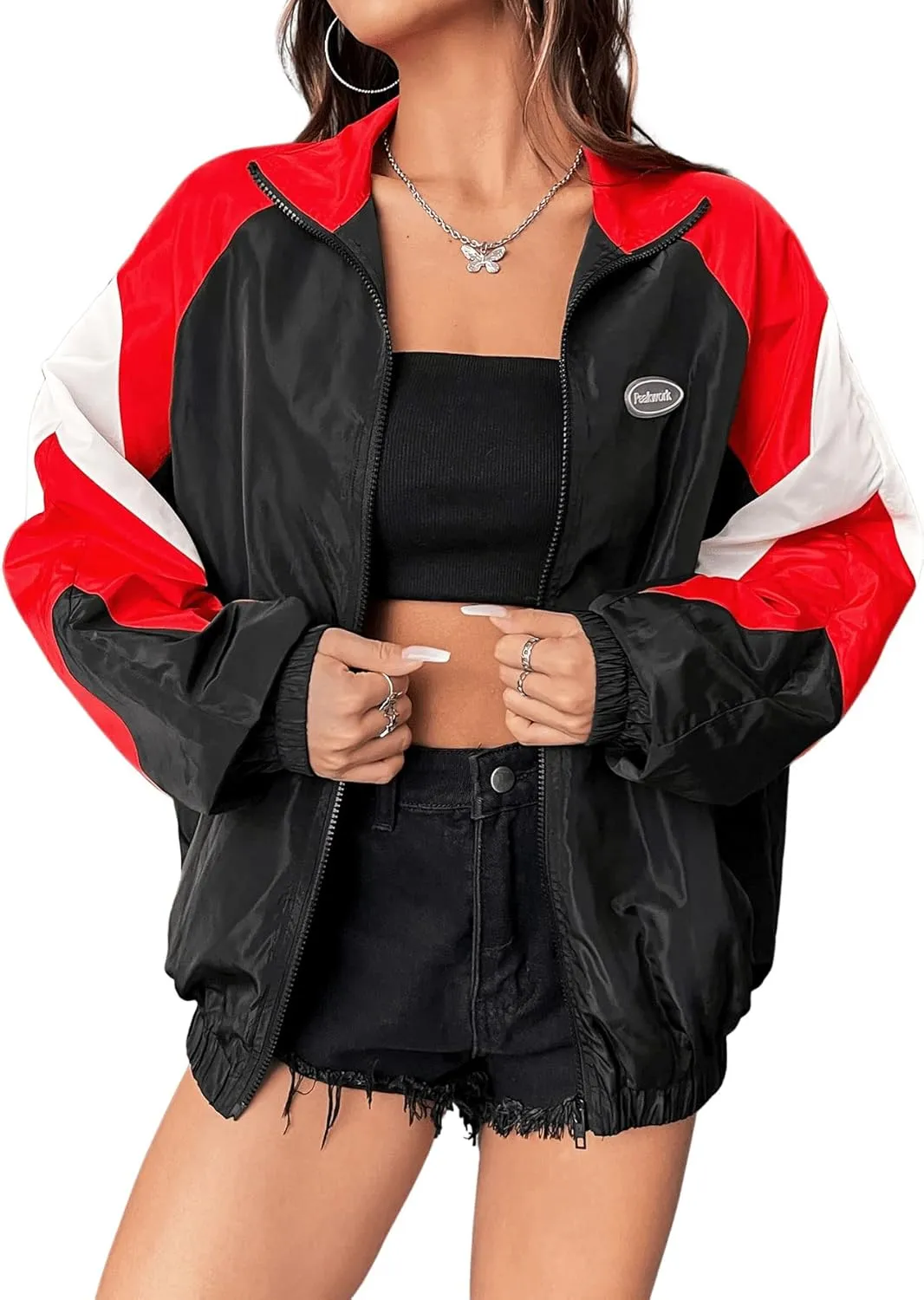 SweatyRocks Women's Zip Up Color Block Lightweight Jacket Patchwork Sport Windbreaker Jacket Coat Outerwear