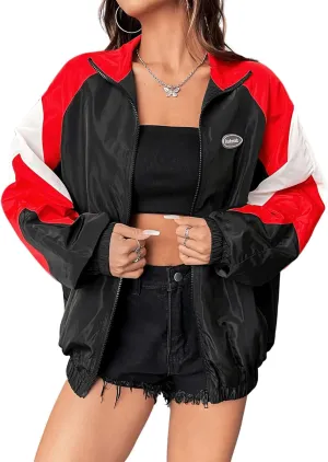 SweatyRocks Women's Zip Up Color Block Lightweight Jacket Patchwork Sport Windbreaker Jacket Coat Outerwear