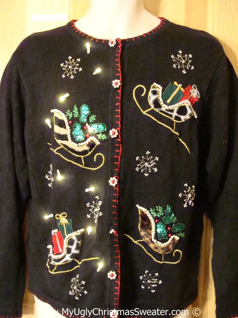 Tacky Ugly Christmas Sweater Festive Bling Sleighs with Lights  (g115)