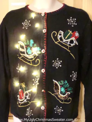 Tacky Ugly Christmas Sweater Festive Bling Sleighs with Lights  (g115)