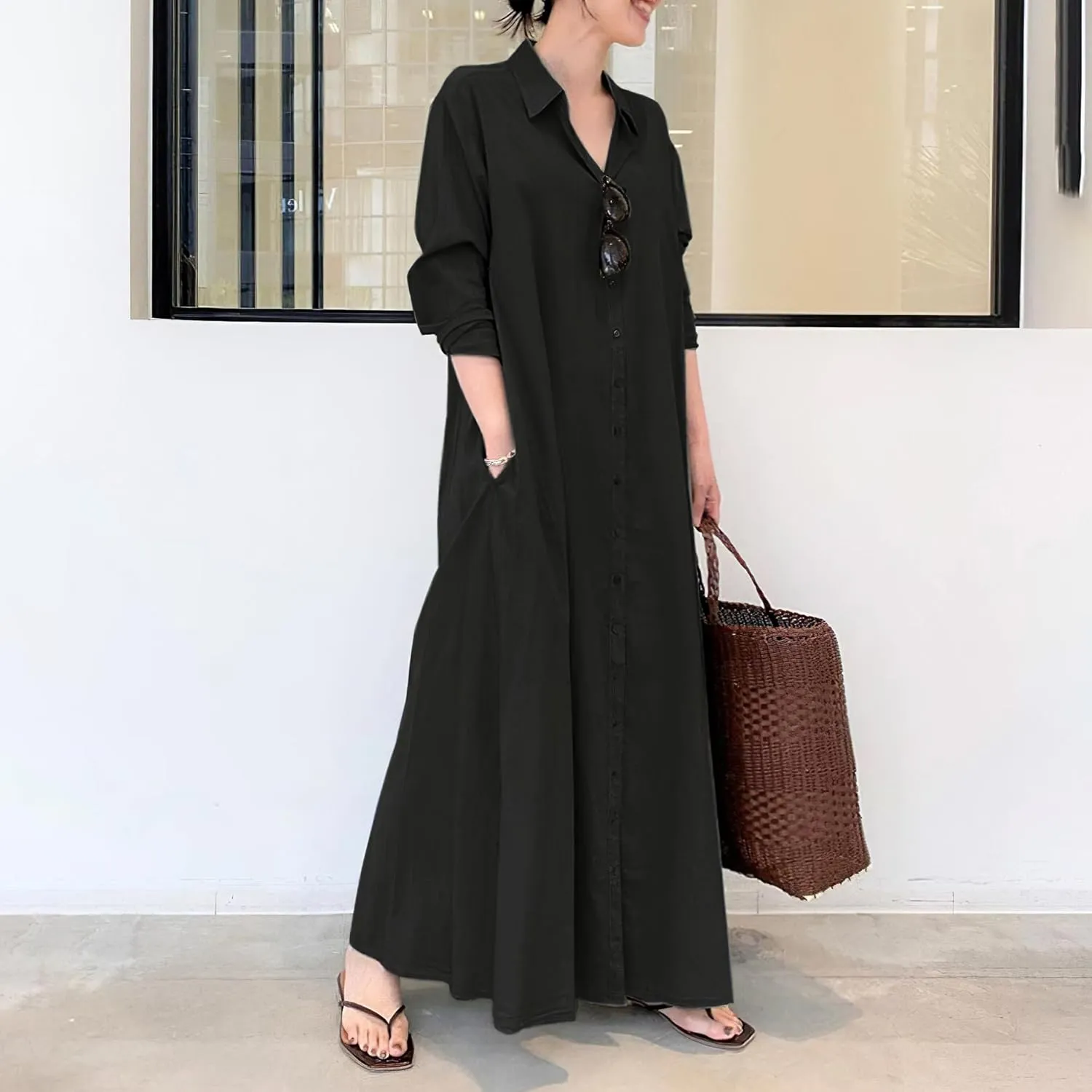 TIAFORD Women's Casual Button Down Cotton Linen Maxi Dress Long Sleeve Lapel Loose Plus Size Shirt Dresses with 2 Pockets
