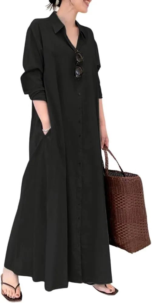 TIAFORD Women's Casual Button Down Cotton Linen Maxi Dress Long Sleeve Lapel Loose Plus Size Shirt Dresses with 2 Pockets