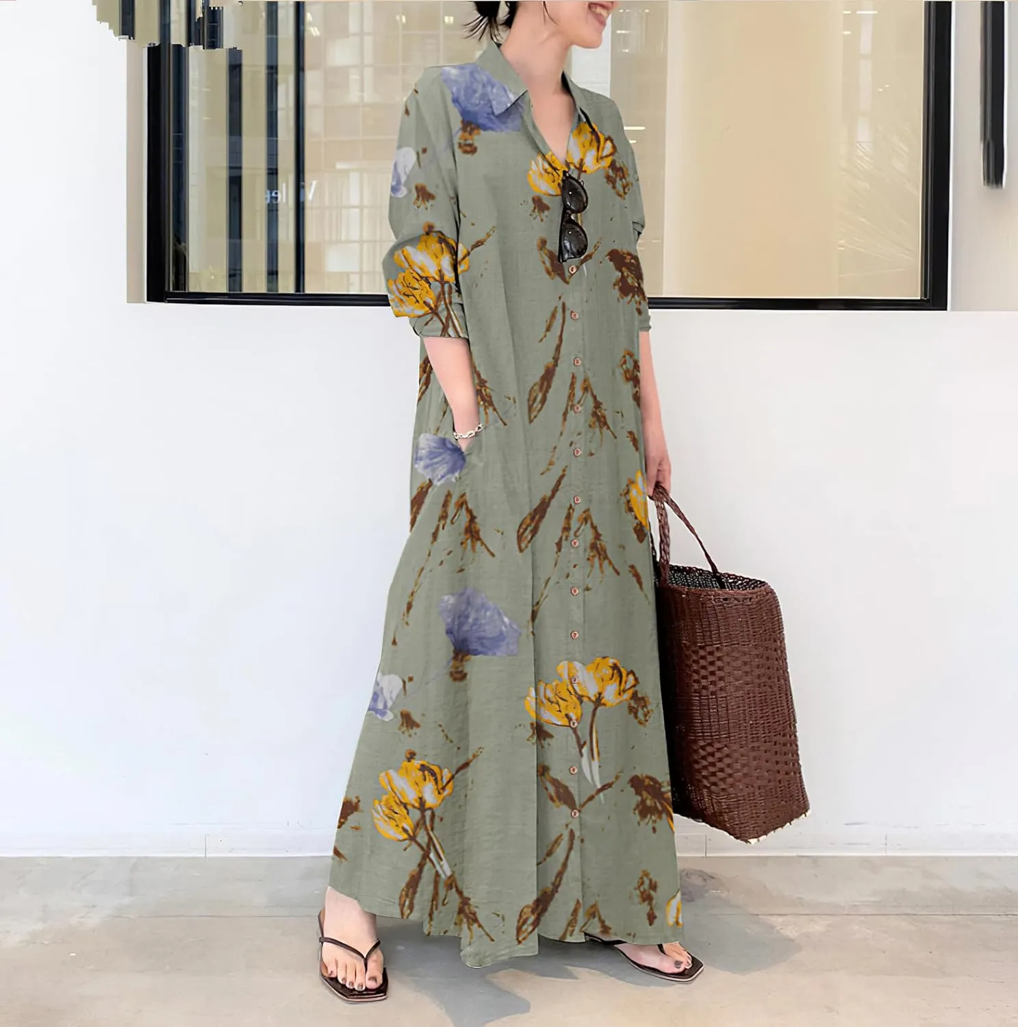 TIAFORD Women's Casual Button Down Cotton Linen Maxi Dress Long Sleeve Lapel Loose Plus Size Shirt Dresses with 2 Pockets