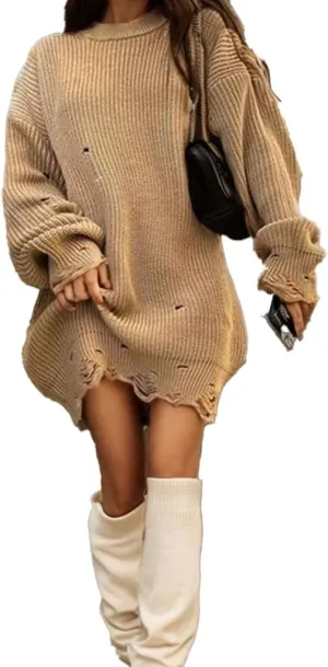 TIAFORD Womens Ripped Mini Sweater Dress Crewneck Baggy Long Sleeve Pullover Knit Dress Boyfriend Oversized Sweater