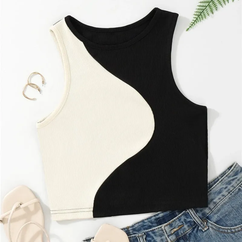 Trendy Two-toned Patchwork Halter Style Tank Tops
