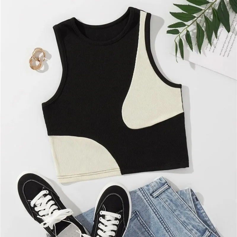 Trendy Two-toned Patchwork Halter Style Tank Tops