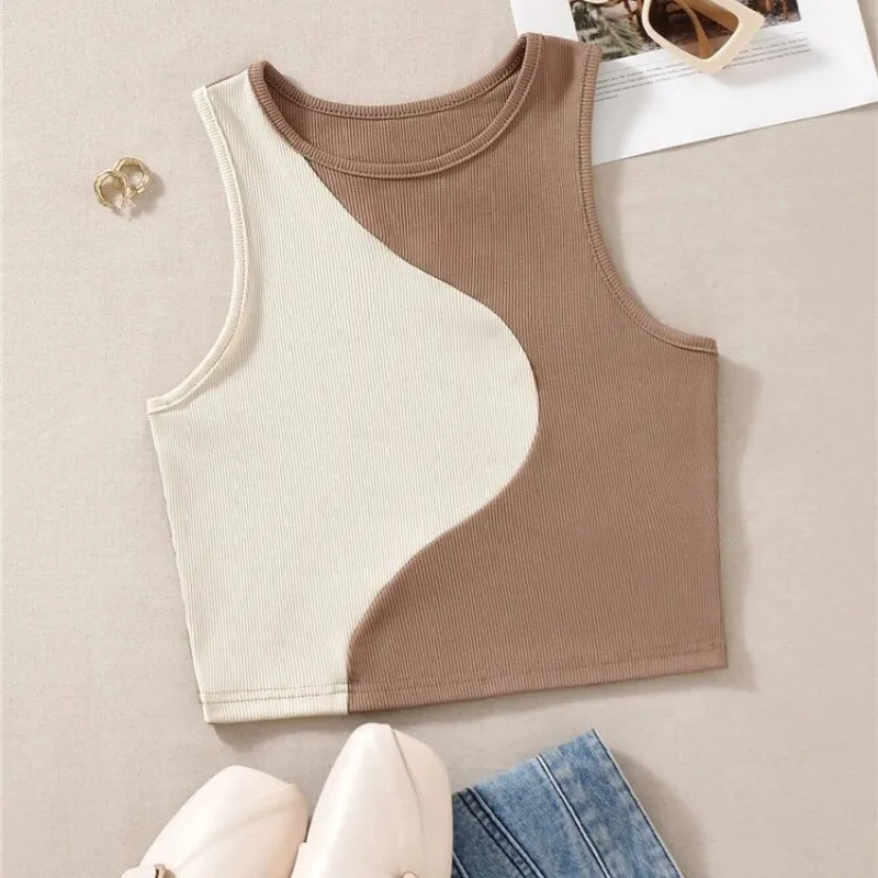 Trendy Two-toned Patchwork Halter Style Tank Tops