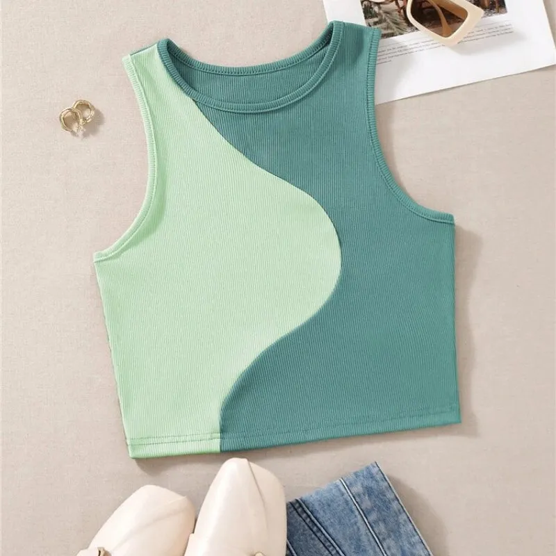 Trendy Two-toned Patchwork Halter Style Tank Tops