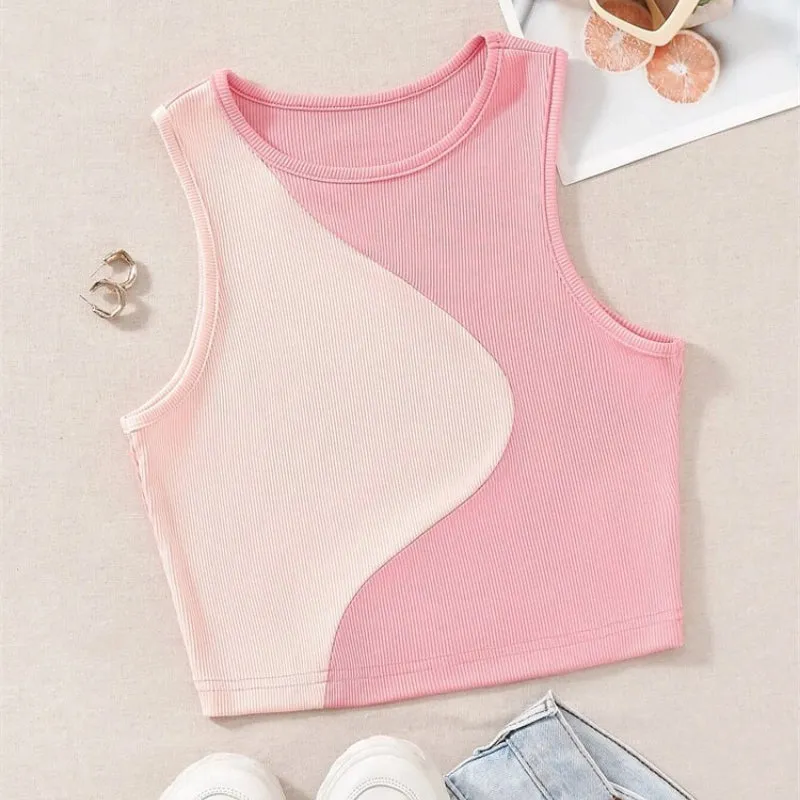 Trendy Two-toned Patchwork Halter Style Tank Tops