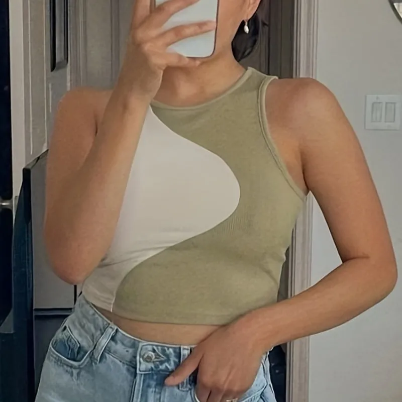 Trendy Two-toned Patchwork Halter Style Tank Tops