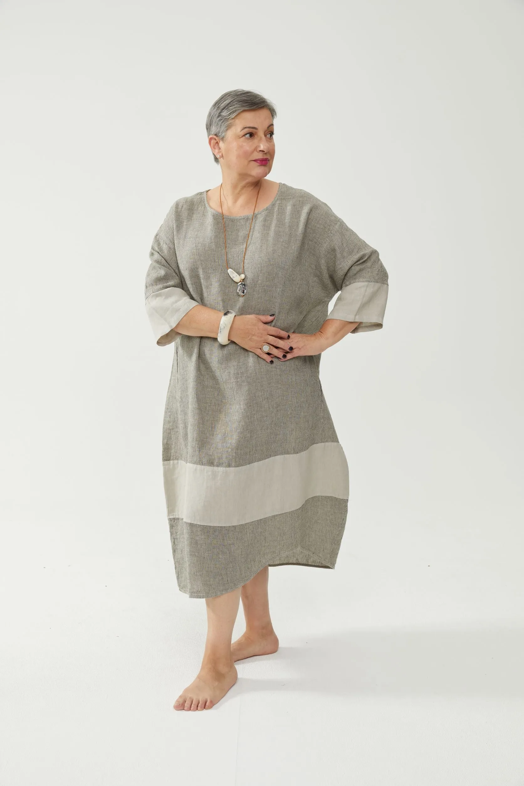 Tulip Dress Beige Stripe