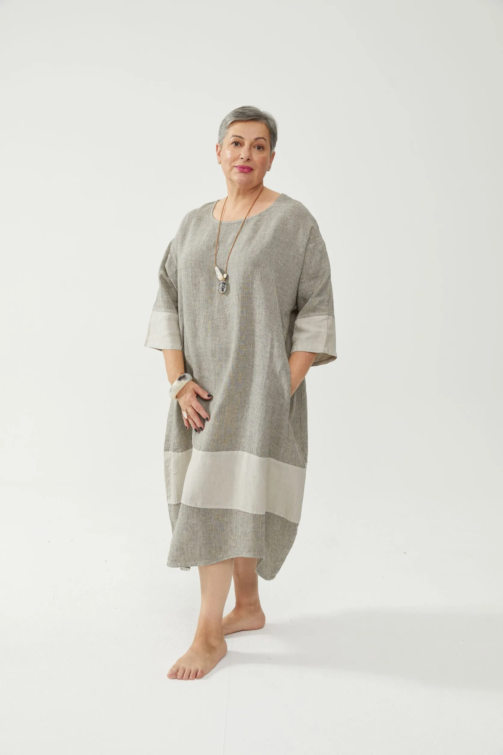 Tulip Dress Beige Stripe