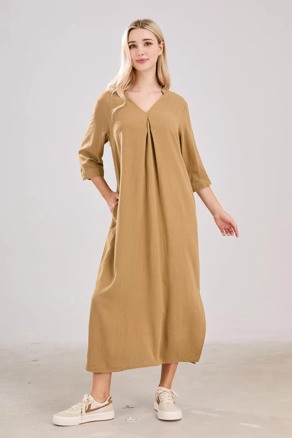 utcoco Womens Cotton Linen Maxi Dresses Casual Loose Fit V Neck 3/4 Sleeve Side Slit A Line Linen Long Dress