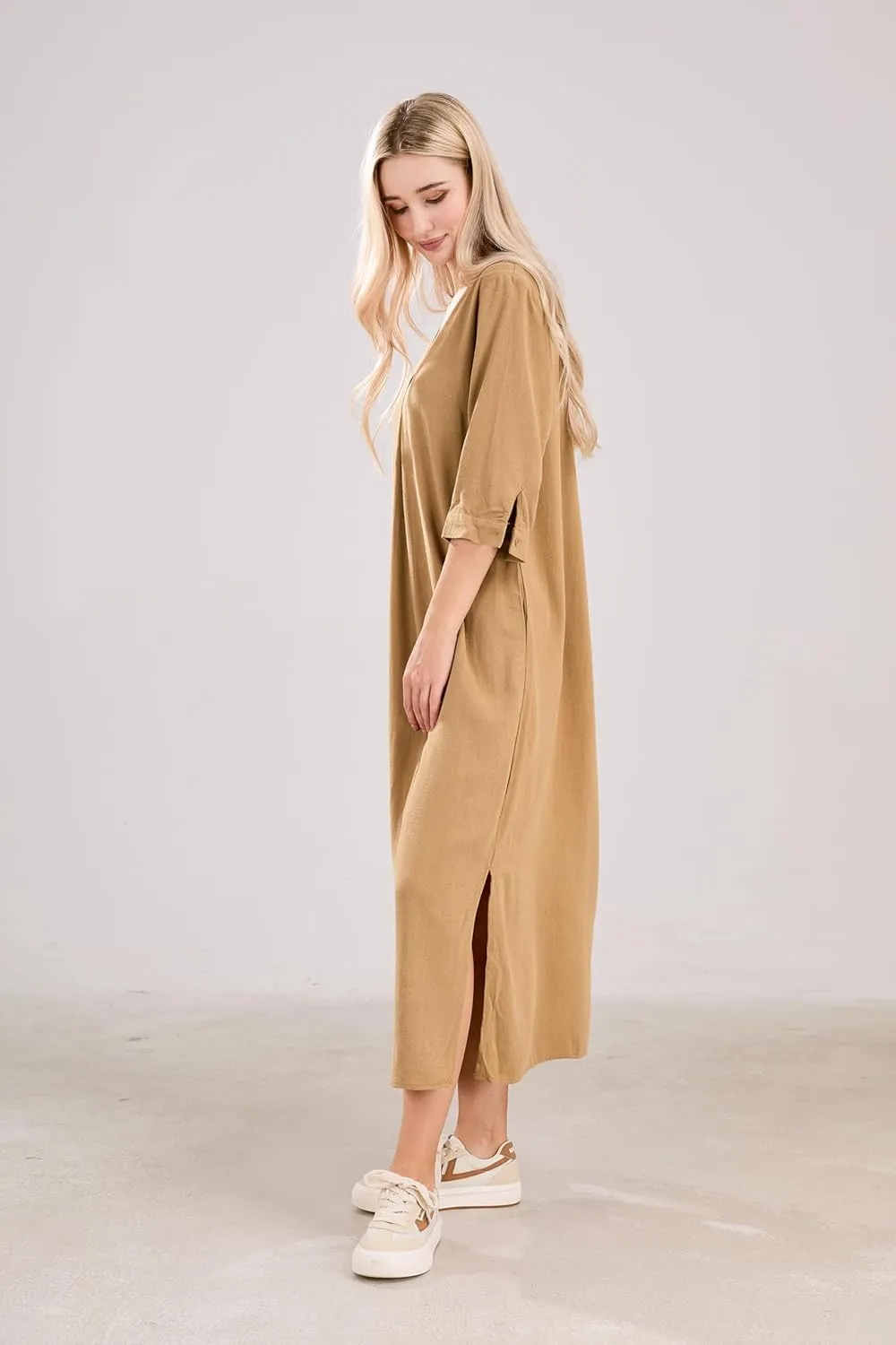utcoco Womens Cotton Linen Maxi Dresses Casual Loose Fit V Neck 3/4 Sleeve Side Slit A Line Linen Long Dress
